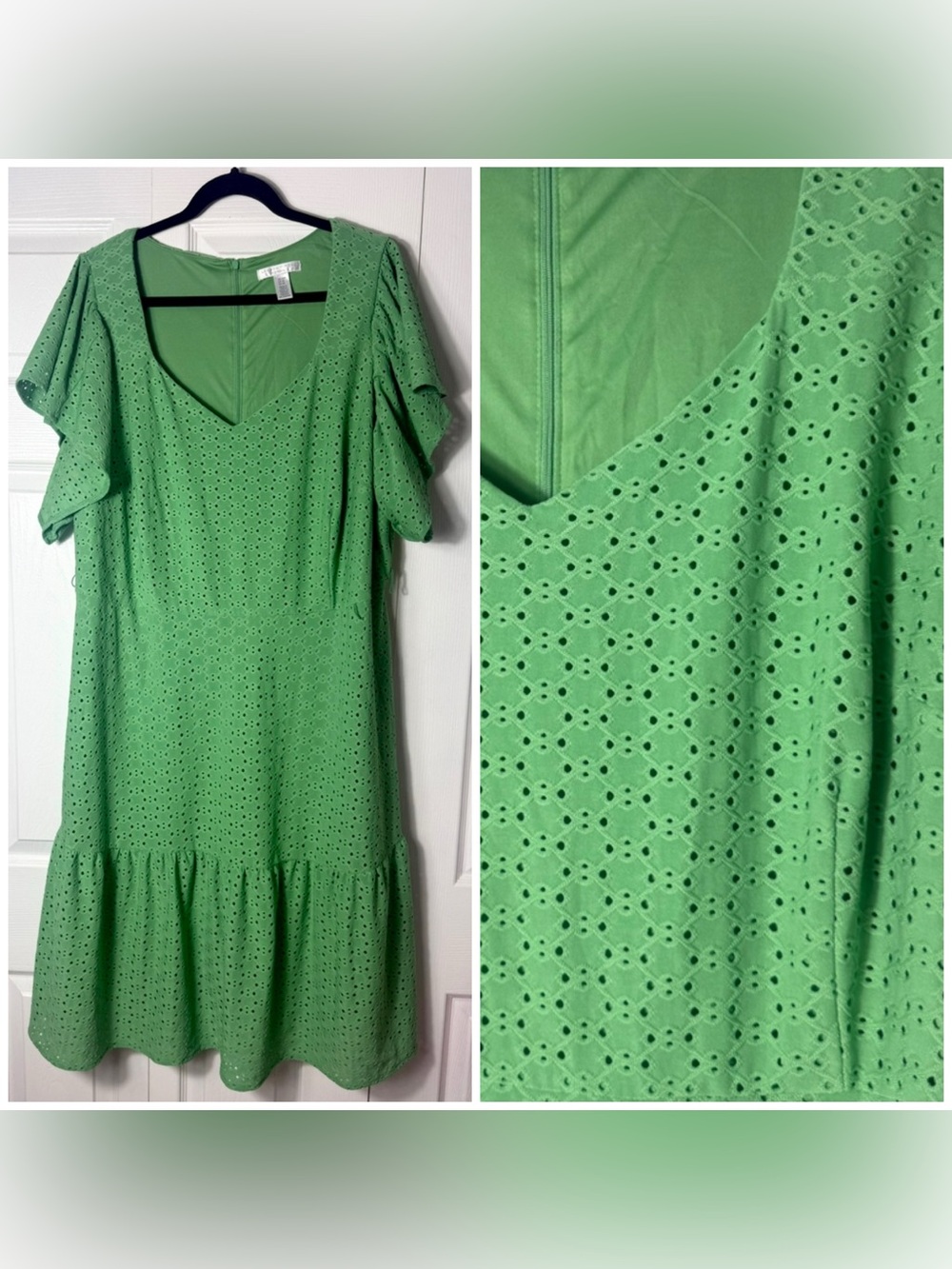 London Times Green Eyelet Dress V-Neck Flutter Sleeve Plus Size 18W